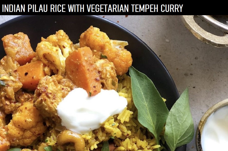 Indian Pilau Rice with Vegetarian Tempeh Curry (Butter chicken style sauce)