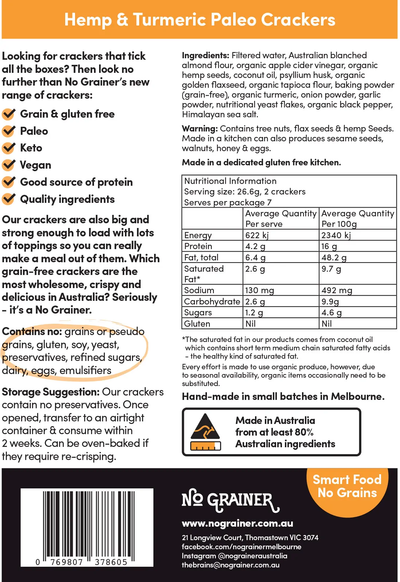 No Grainer Crackers - Hemp & Turmeric 185g